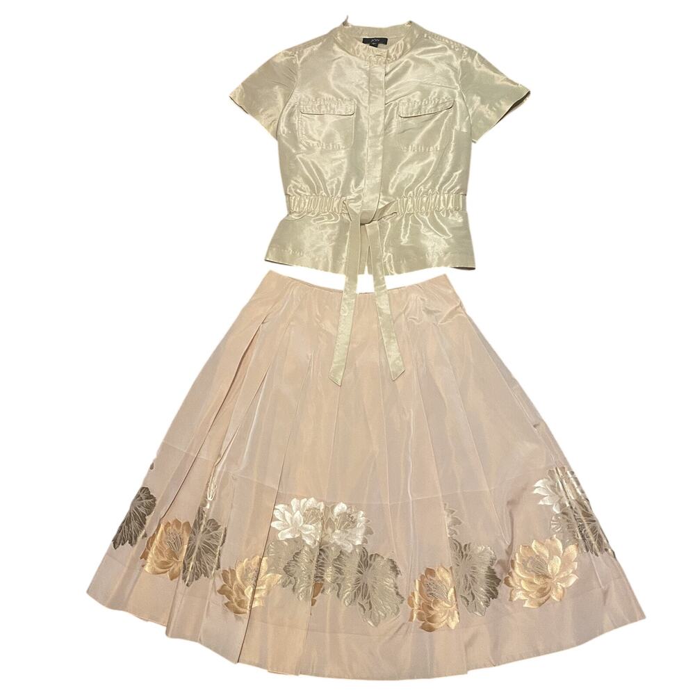 Jon Floral Pink Gold Metallic Matching Set Top Skirt Womans Size 6